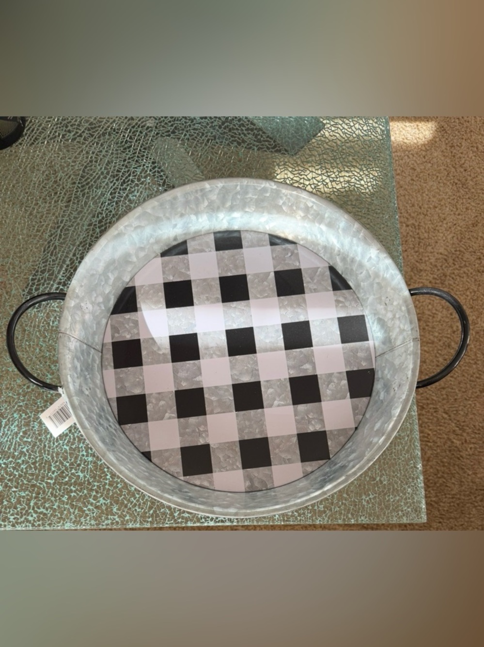 Galvanized Metal Round Serving Tray with Black & White Buffalo Check